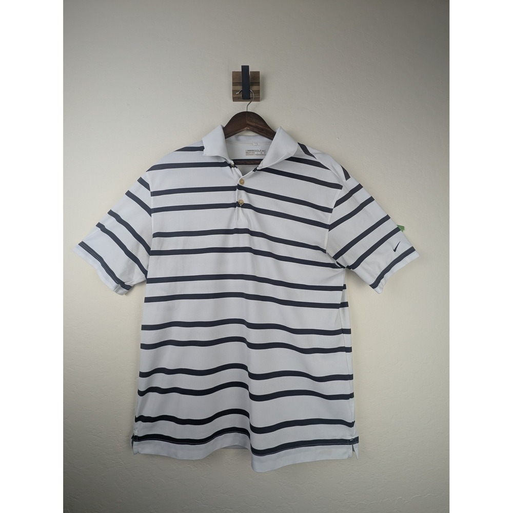 Nike Golf Mens NikeFIT DRY Polo Shirt White Navy Striped Large L Short Sleeve